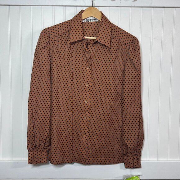 Deadstock Vintage Women's Brown Polka Dot Button-Up Blouse Collar Long Sleeve - Picture 2 of 10